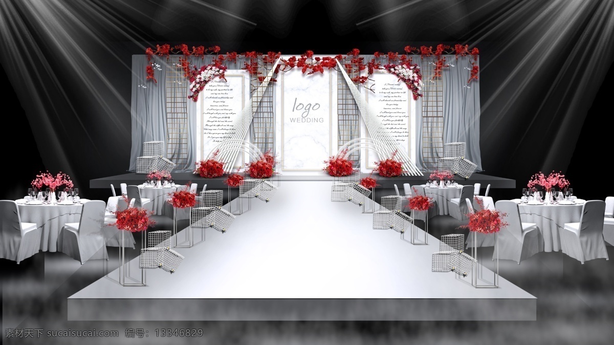 简约 红 白 铁艺 婚礼 红白 结婚 舞台 布置 效果图