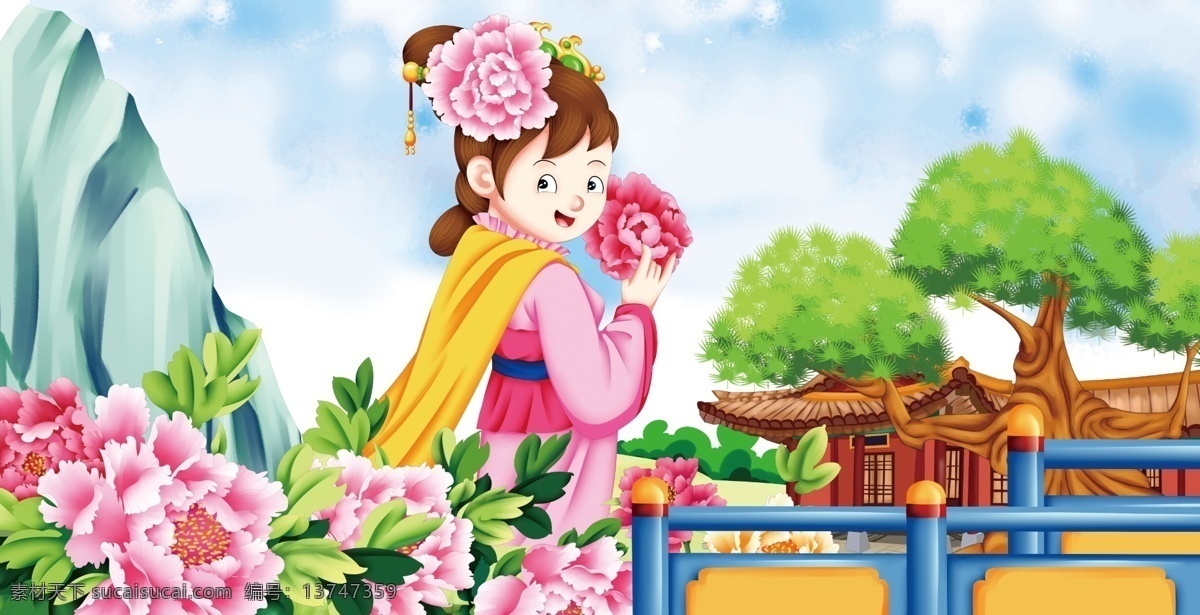可爱 卡通 绘 风清 平调 赏花 场景 插画 人物 诗词 绘本 儿童