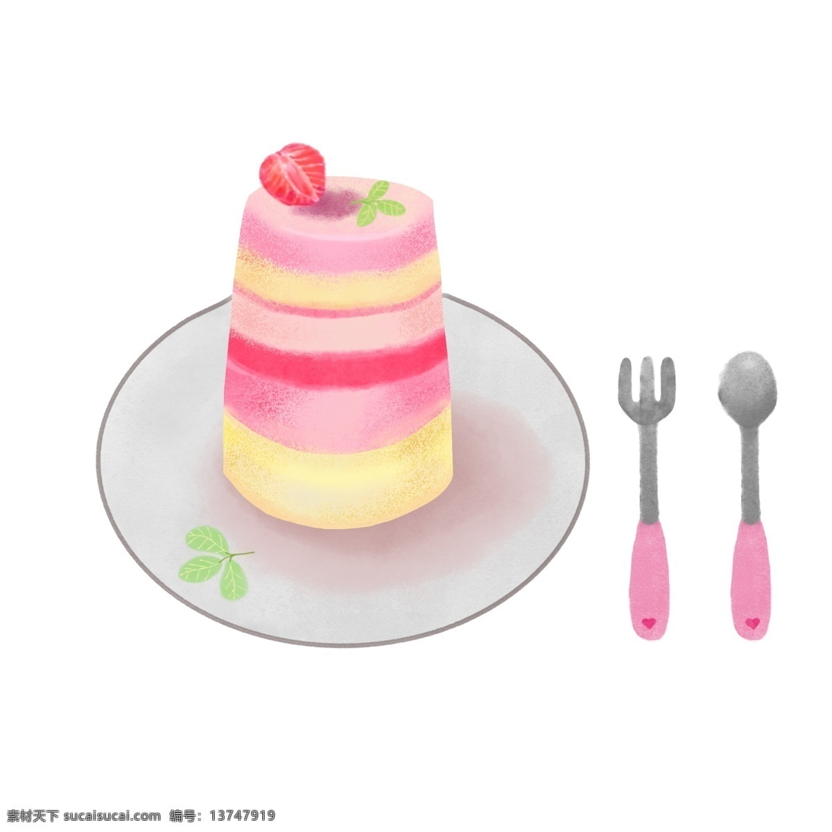 手绘 卡通 蛋糕 插画 爱情 情人节 手绘蛋糕 卡通蛋糕 美味 草莓 味 美食 食物 甜食 甜品 叉子 儿童勺子