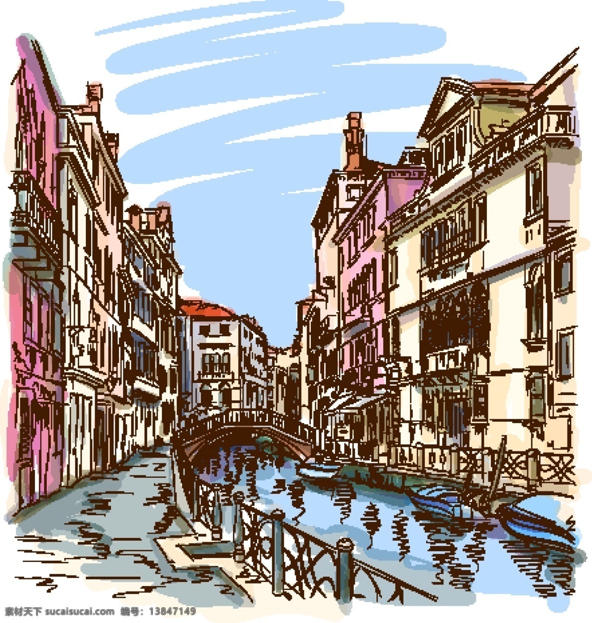手绘城市 都市 城市 国外建筑 威尼斯水城 卡通 手绘 风景 背景 矢量 城市建筑主题 城市建筑 建筑家居