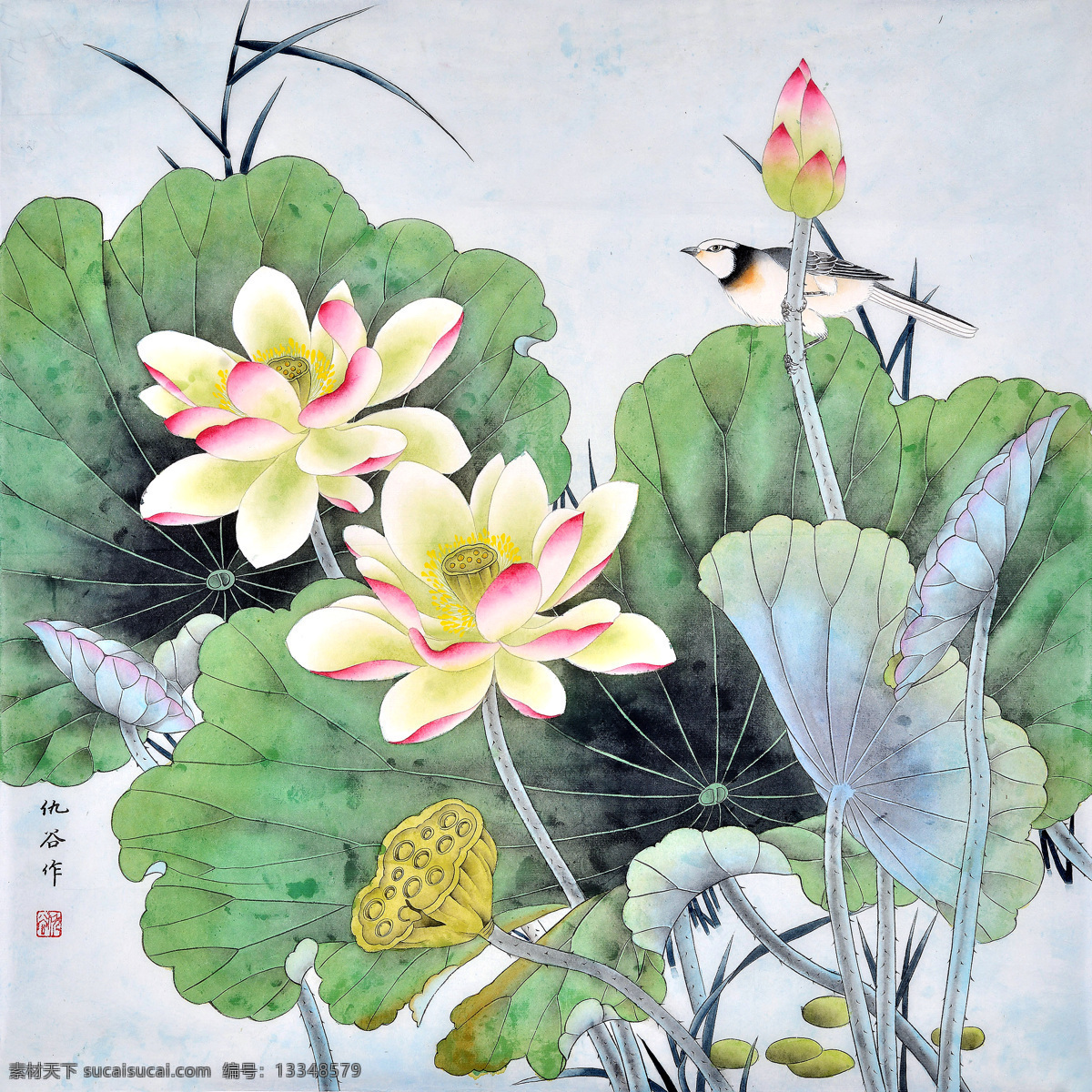 禽栖荷塘 美术 中国画 工笔画 鸟儿 荷花 国画艺术 绘画书法 文化艺术