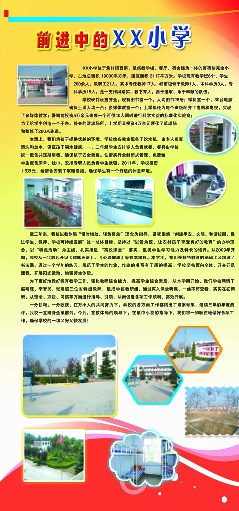 校园版面 展板 校园简介 实验室 校园 宿舍 照片 红色 波浪 小方块 版面 展板模板 广告设计模板 源文件