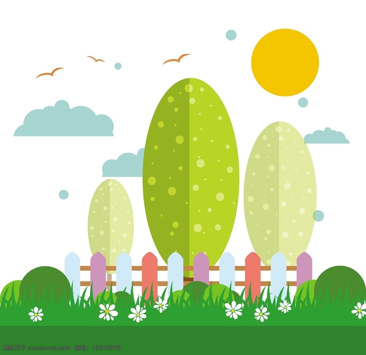 绿色 花园 背景 图 广告背景 广告 背景素材 底纹背景 大树 鲜花 篱笆 漂亮 太阳 云朵 小草 草丛