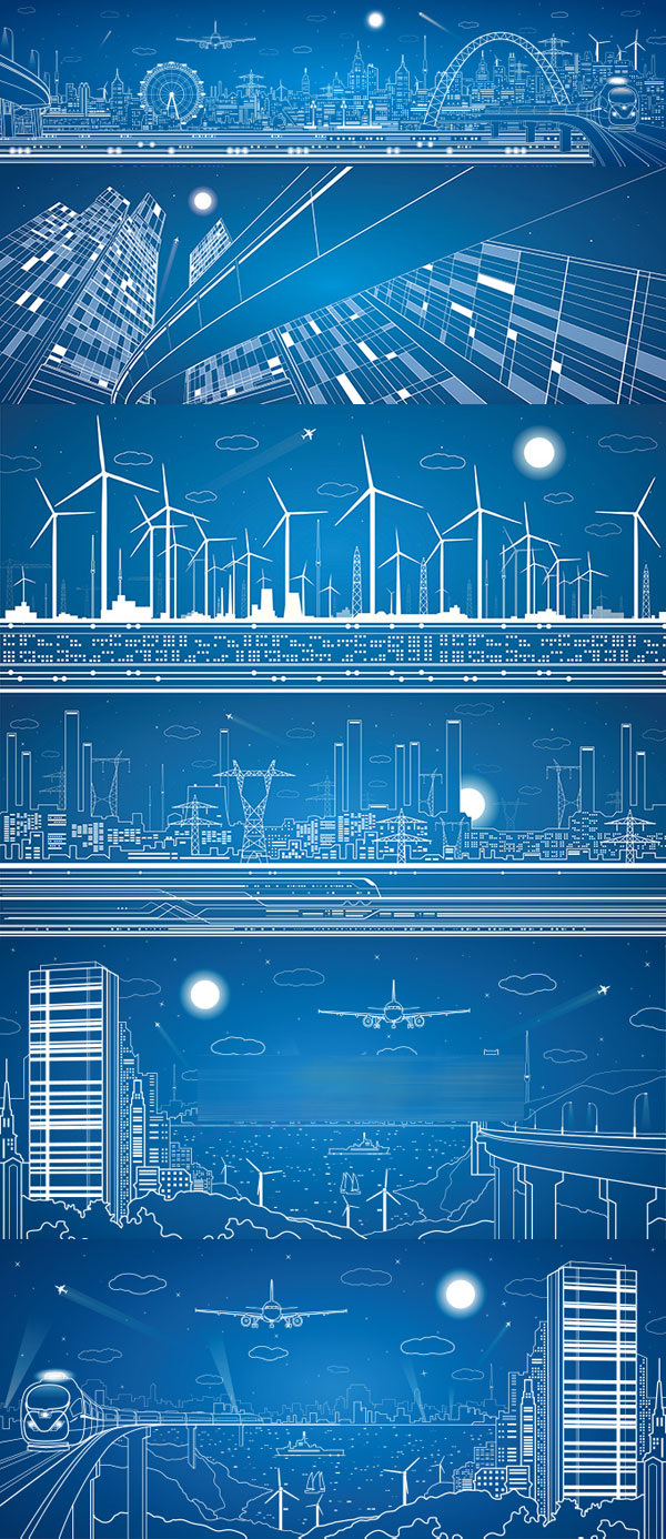 线描 建筑 创意 矢量图 线描素材 线描建筑 建筑背景 手绘背景图 蓝色
