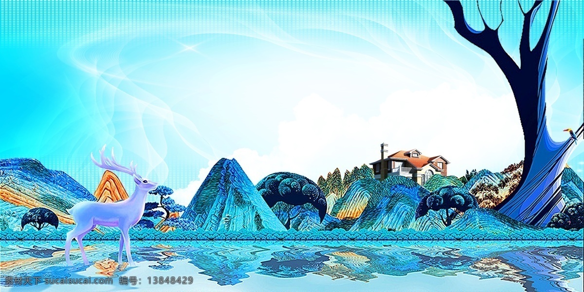 唯美 彩绘 地产 仙境 背景 唯美背景 创意背景 创意海报 风景 地产海报 麋鹿 美景 商业背景 房地产背景图 唯美地产 房地产 活动 地产活动