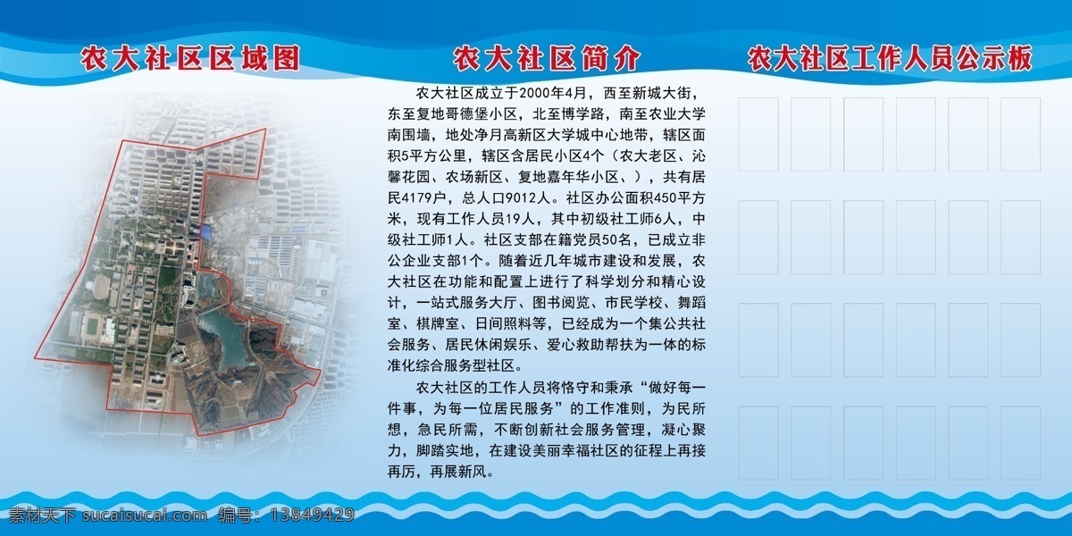 社区简介 社区概况 蓝色背景 蓝色展板 社区区域图 公示栏