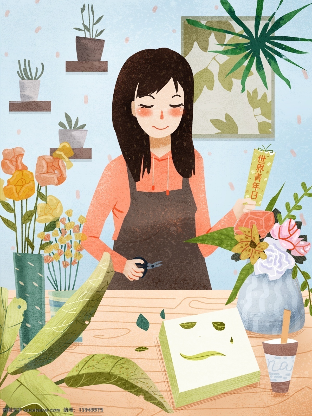 世界 青年 日 节日 插花 女孩 清新 鲜花 世界青年日 花插