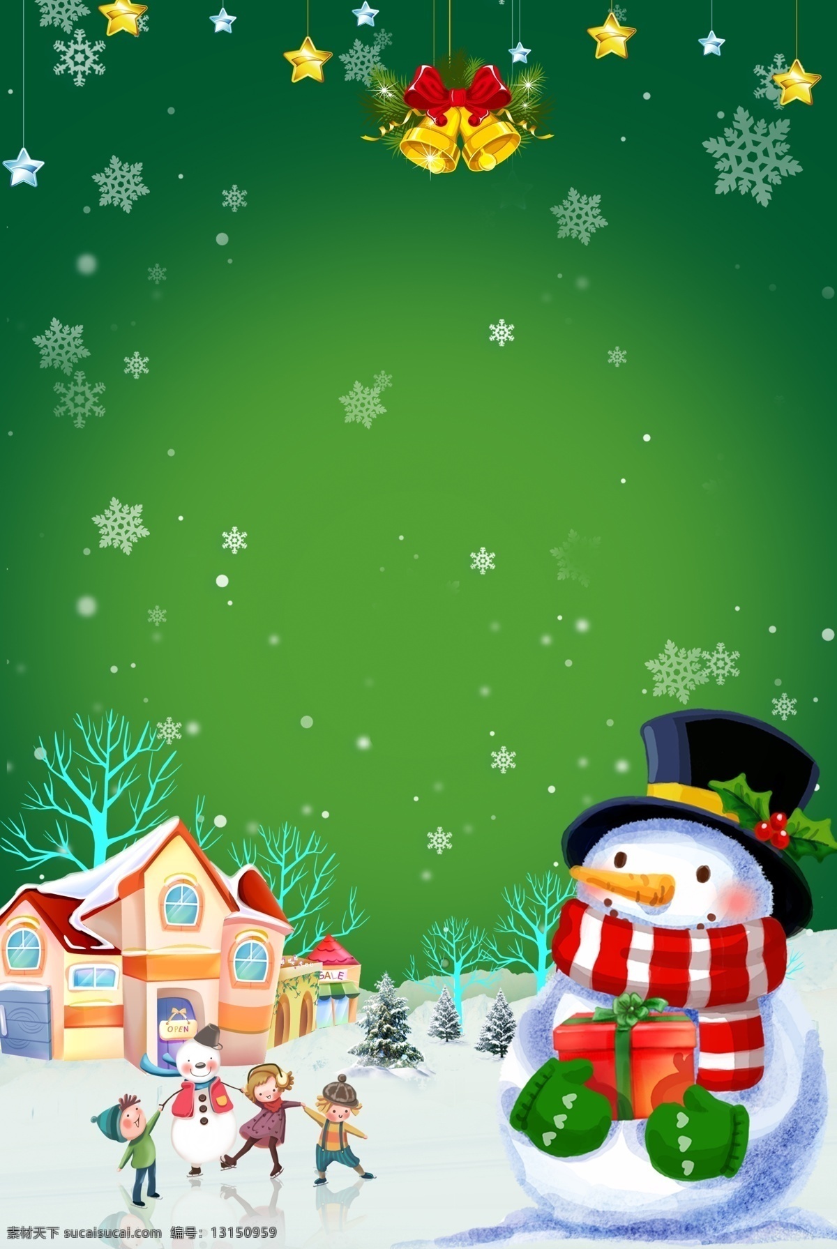 绿色 西方 节日 圣诞节 广告 背景 图 红色 圣诞树 冬季 雪人 松树 铃铛 圣诞老人 派对 活动 广告背景