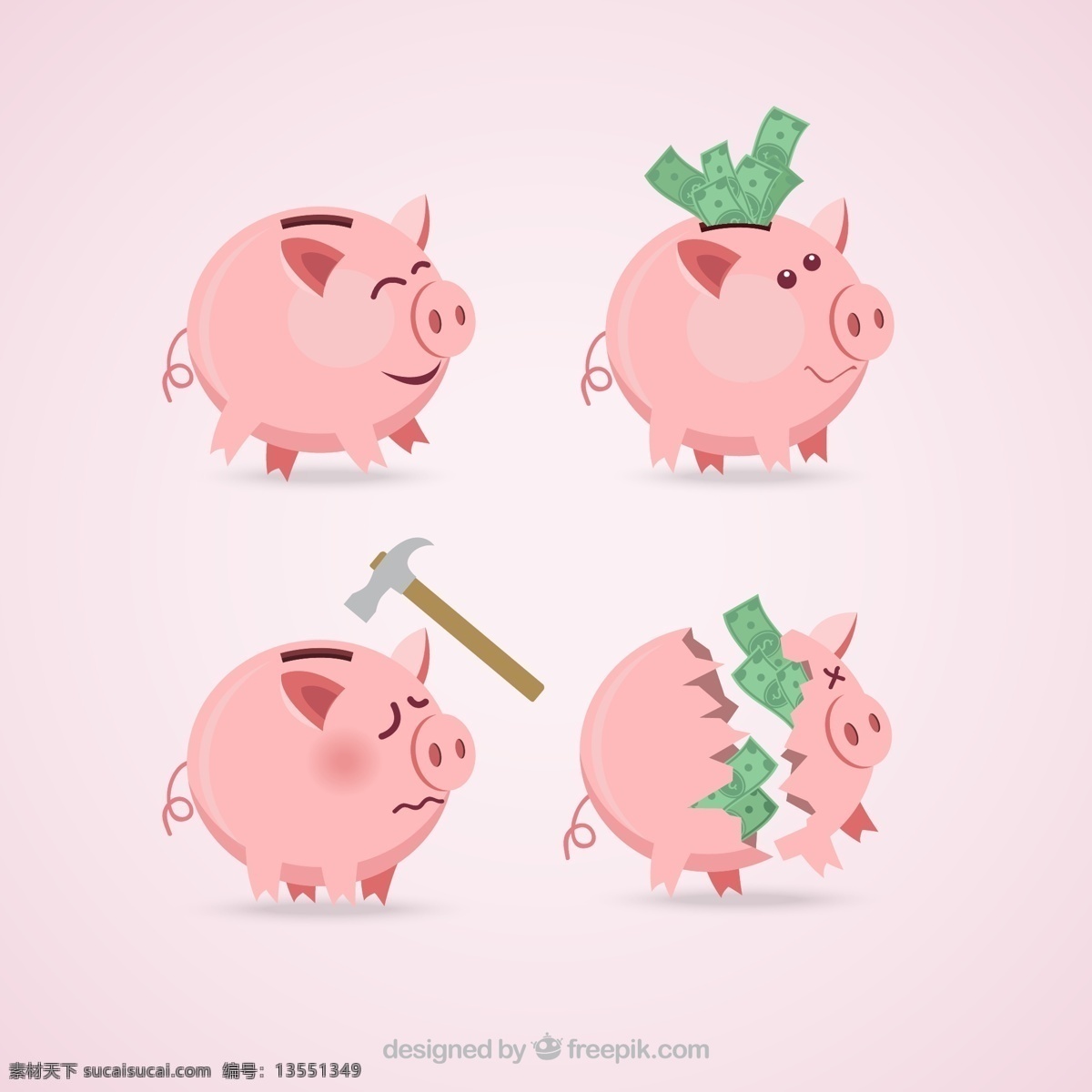 猪 储蓄罐 存钱罐 锤子 纸币 碎片 矢量图... 白色