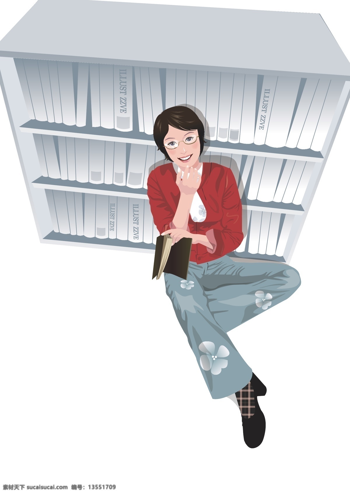 学习 中 少女 花纹 书本 书架 眼镜 休闲装 托腮 矢量图 矢量人物