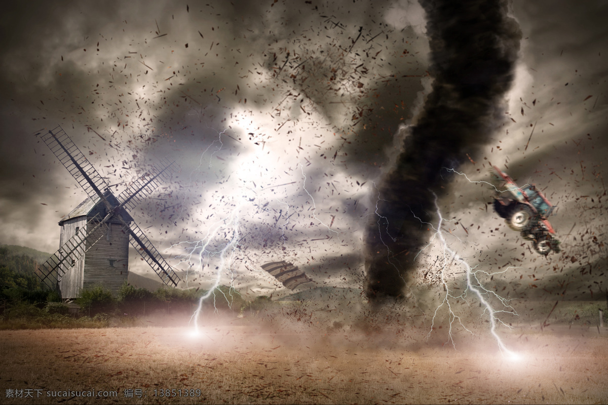 龙卷风 风车 拖拉机 闪电 飓风 暴风 自然灾害 环境破坏 山水风景 风景图片