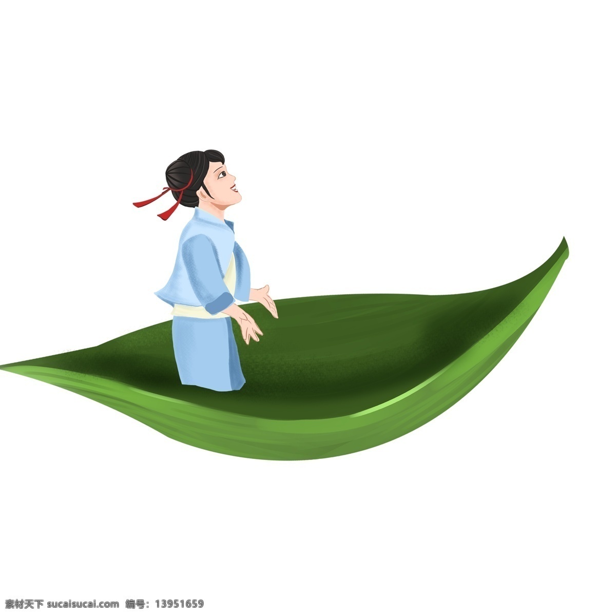 坐 粽子 船 少女 装饰 元素 装饰颜色 手绘 荷叶 船只 绿色 植物 中国风