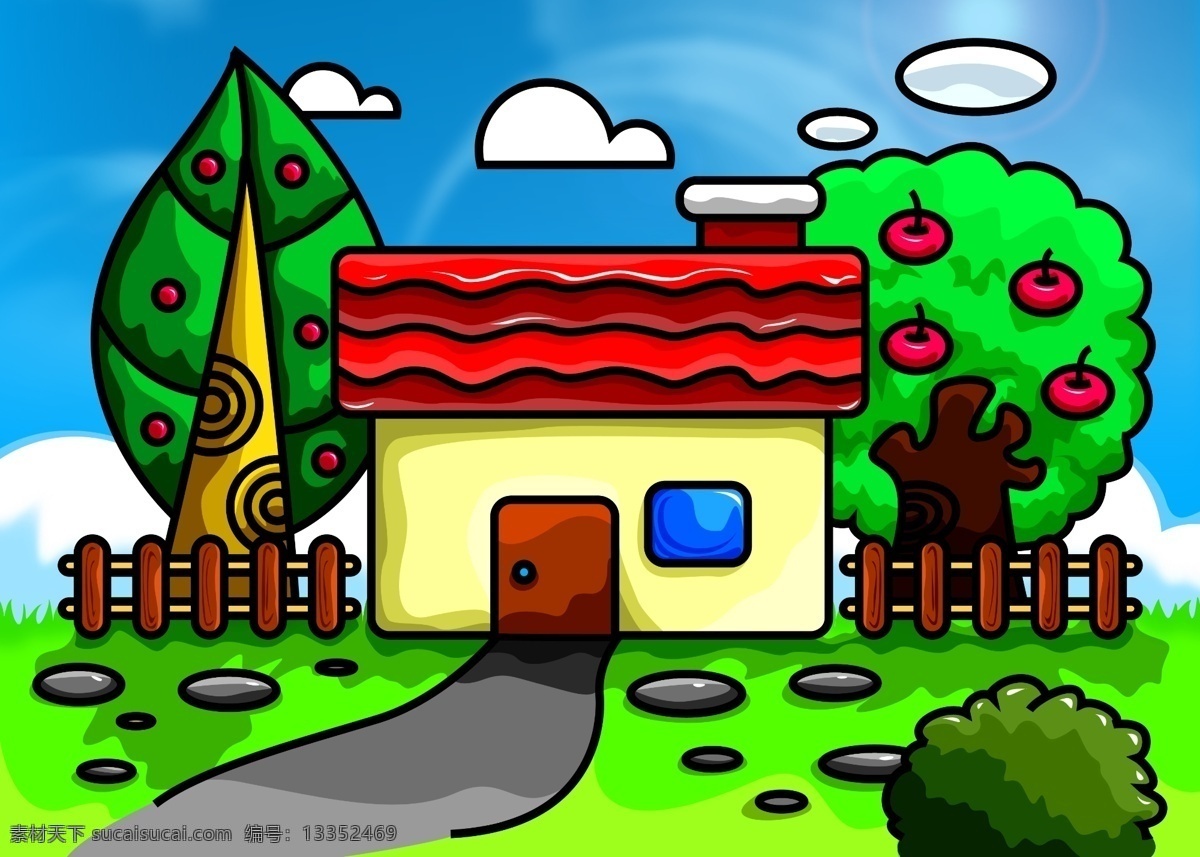 儿童画素材 儿童画 背景 小屋 苹果 树木 草地 石头 分层 源文件