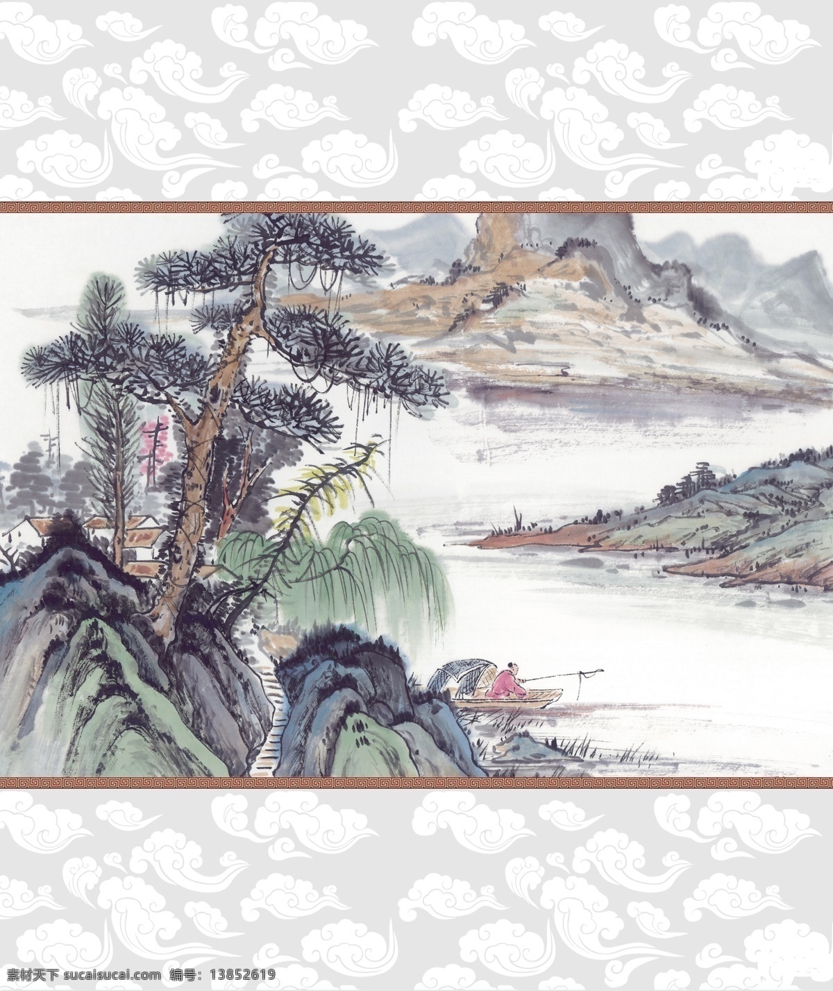 船 房 广告设计模板 国画 流水 桥 人物 山 移门山水画 水墨古韵 树 祥云 江山多骄 移门图案 源文件 装饰素材