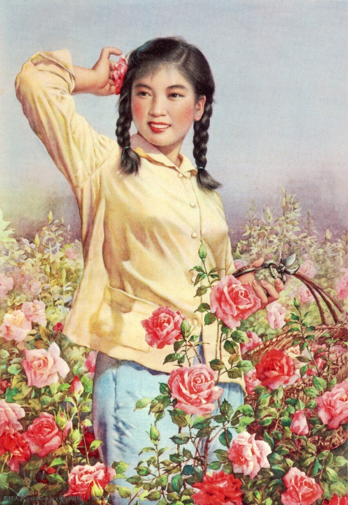 人勤 花香 玫瑰 民间艺术 年画 作品 年画大师 李慕白 金雪尘 女青年 工艺美术 家居装饰素材 室内装饰用图