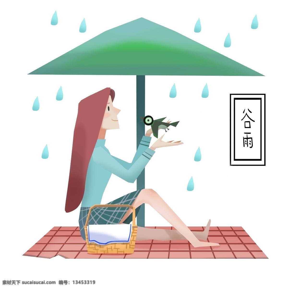 谷雨 女孩 绿亭 下 避雨 谷雨人物插画 雨季节气 卡通小鸟装饰 女士包包 卡通的人物
