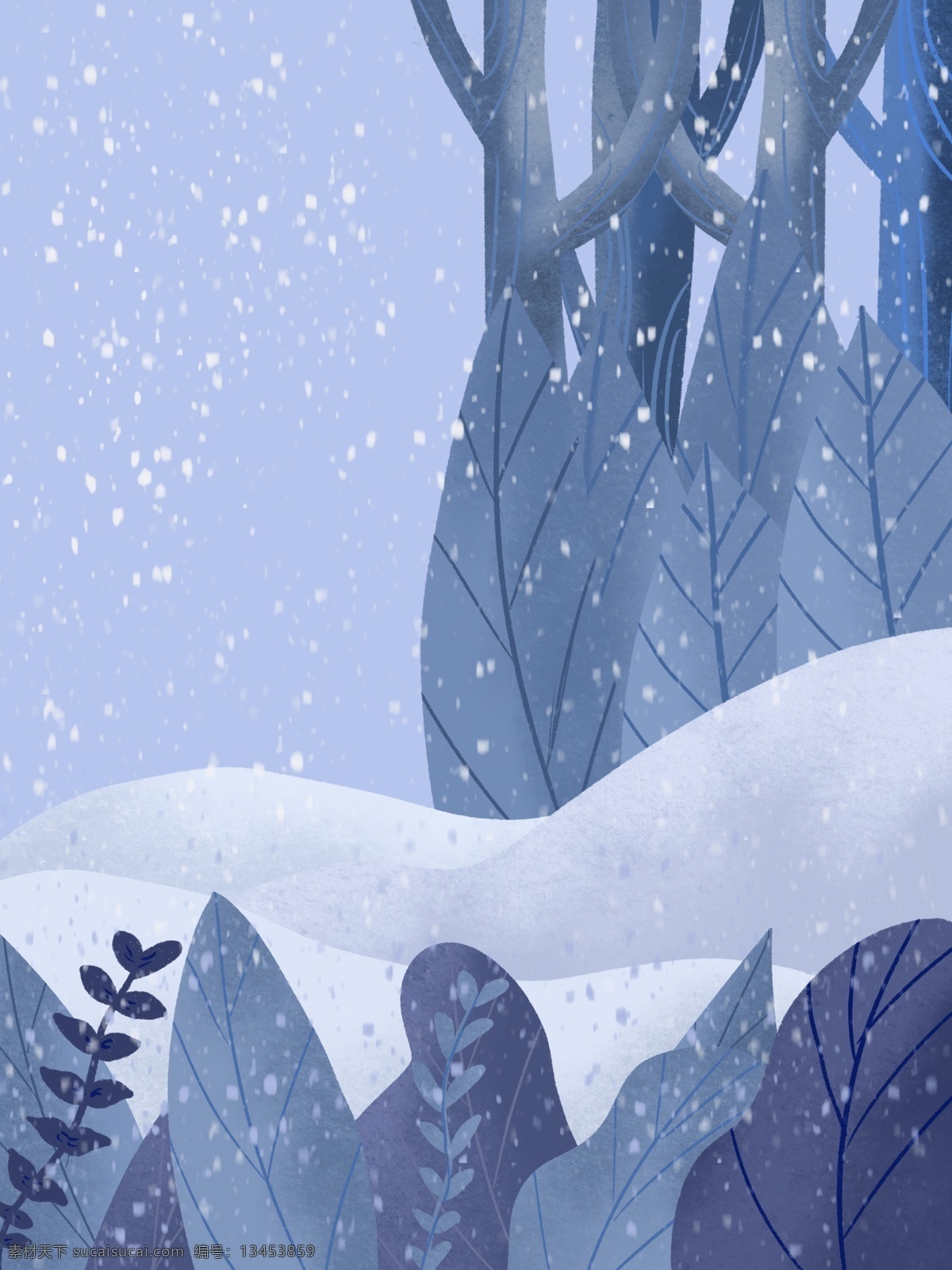 蓝色 唯美 冬季 雪地 雪景 背景 手绘背景 下雪天背景 蓝色背景 远山背景 风景背景 冬天背景 冬季背景