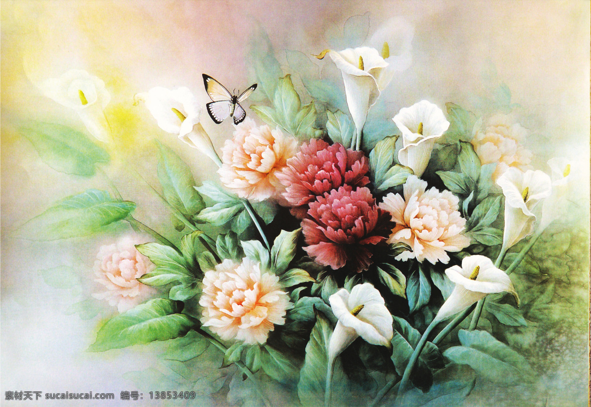 花 蝶 绘画 花丛 花朵 花束 漂亮花朵 家居装饰素材 壁纸墙画壁纸