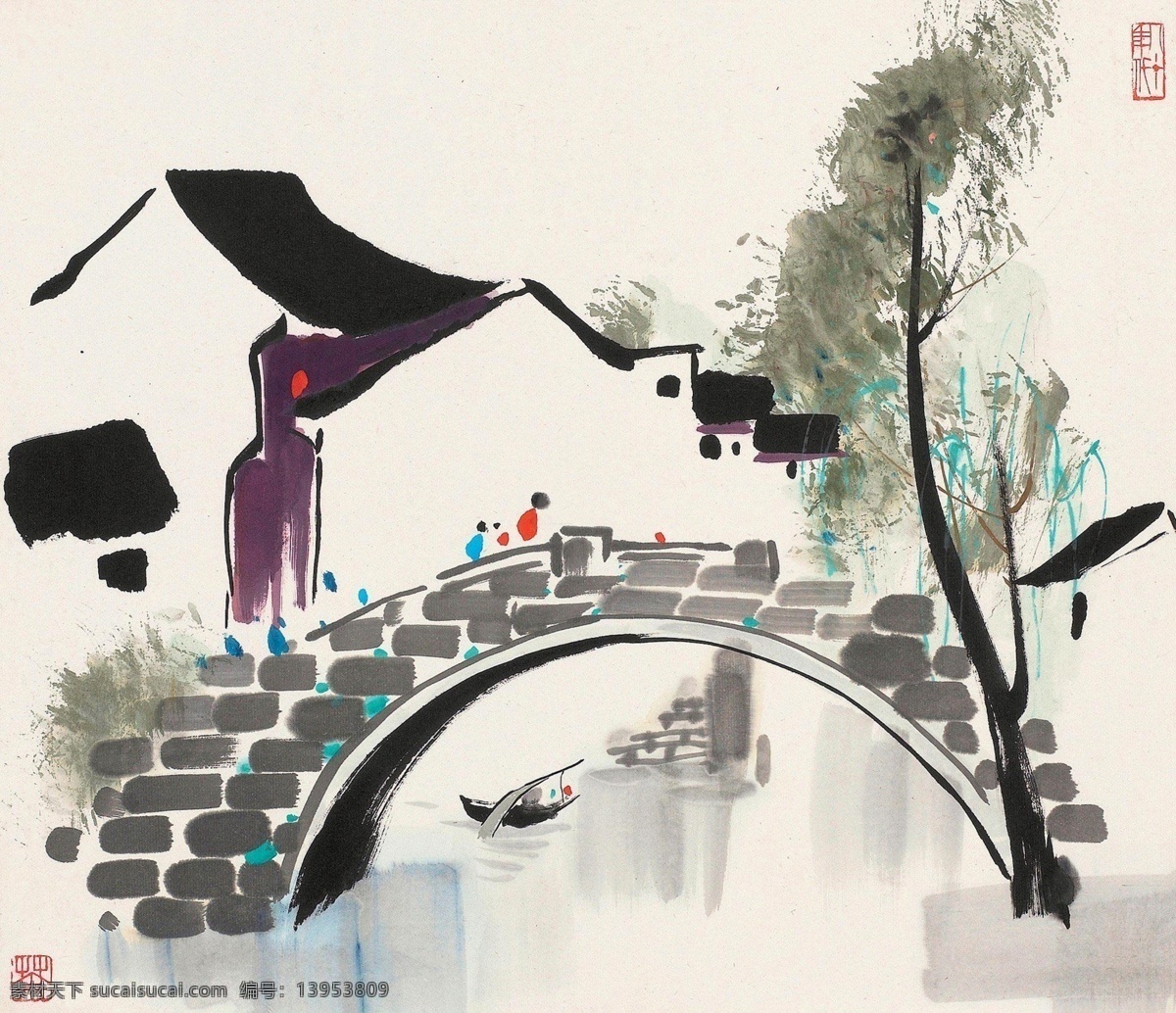 【真作】絵画　徽州古村の風景　中国山水画風　墨彩画　中国伝統建築と山水　X63 真作】絵画 徽州古村の風景 中国山水画風 墨彩画 中国伝統建築と
