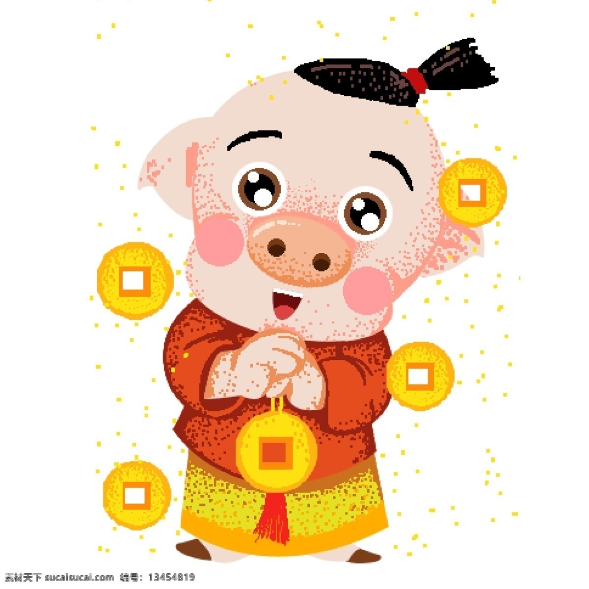 复古 像素 化 拜年 财神 猪 插画 卡通 喜庆 春节 像素化 手绘 新年 猪年 2019年 过年 小猪形象 猪年形象 铜钱