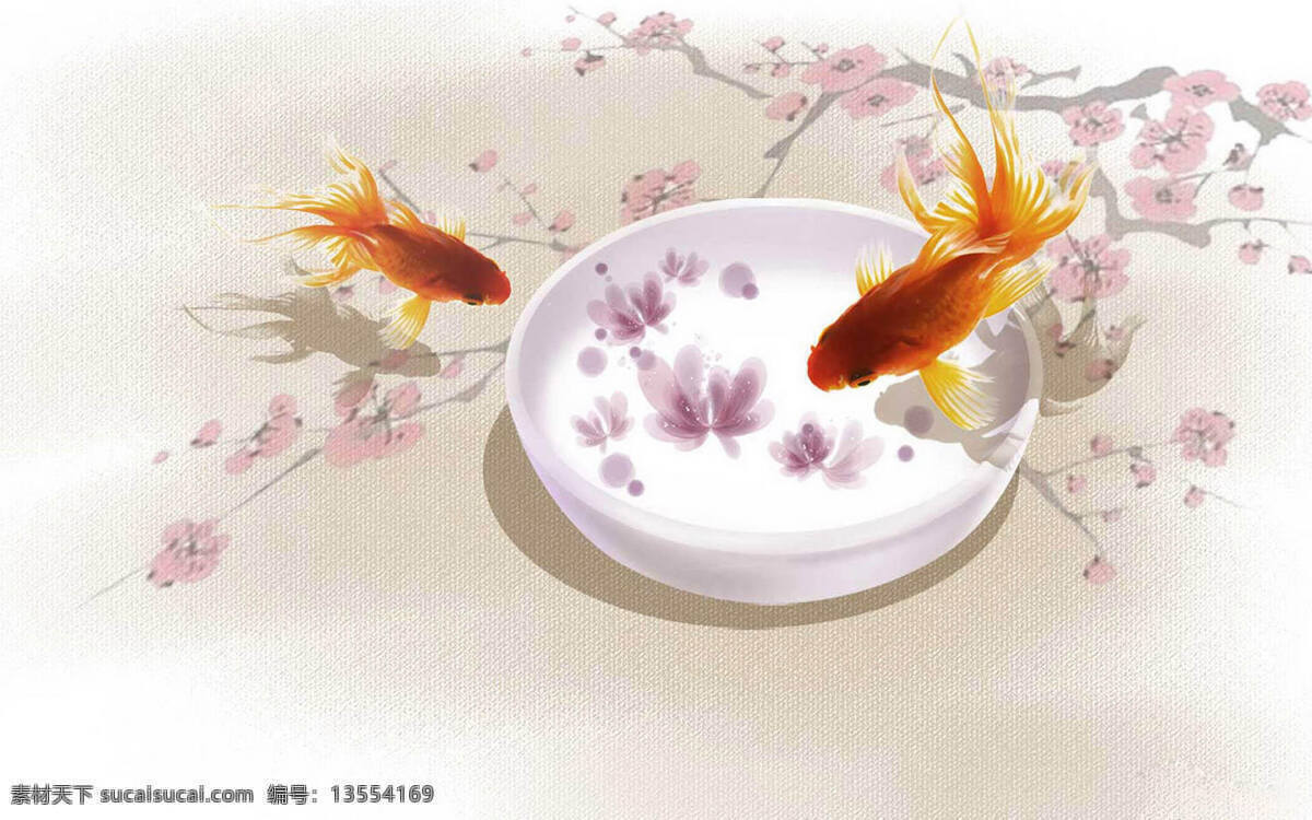 中国 古风 梅花 金鱼 高清 大图 中国风 背景 水墨风 动漫动画