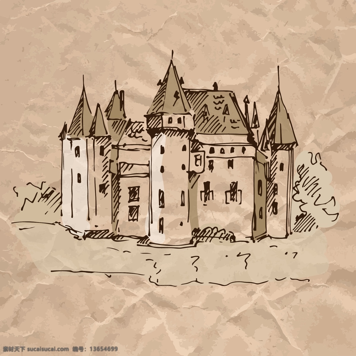 复古 手绘 建筑 城堡 插画 牛皮纸 古堡 艺术