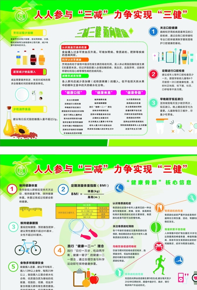 三减三健 人人参与 口腔 运动 饮食 油炸 矢量图 绿色 标志
