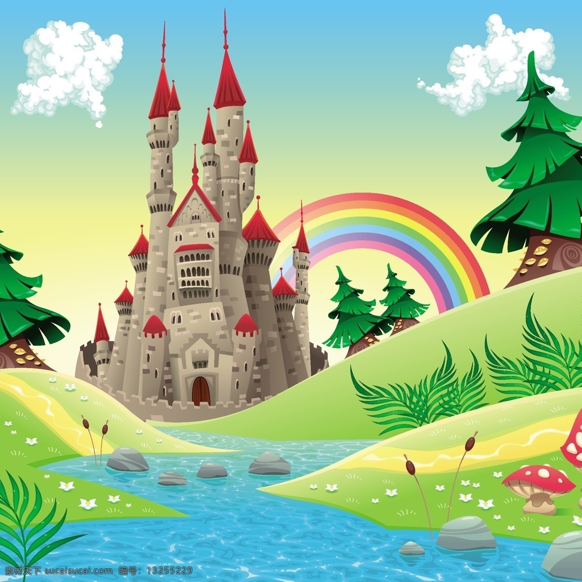 矢量 城堡 风景 图 矢量风景图 矢量城堡 矢量天空 适量河水 矢量水 矢量草地 卡通城堡 矢量彩虹 动漫动画 风景漫画