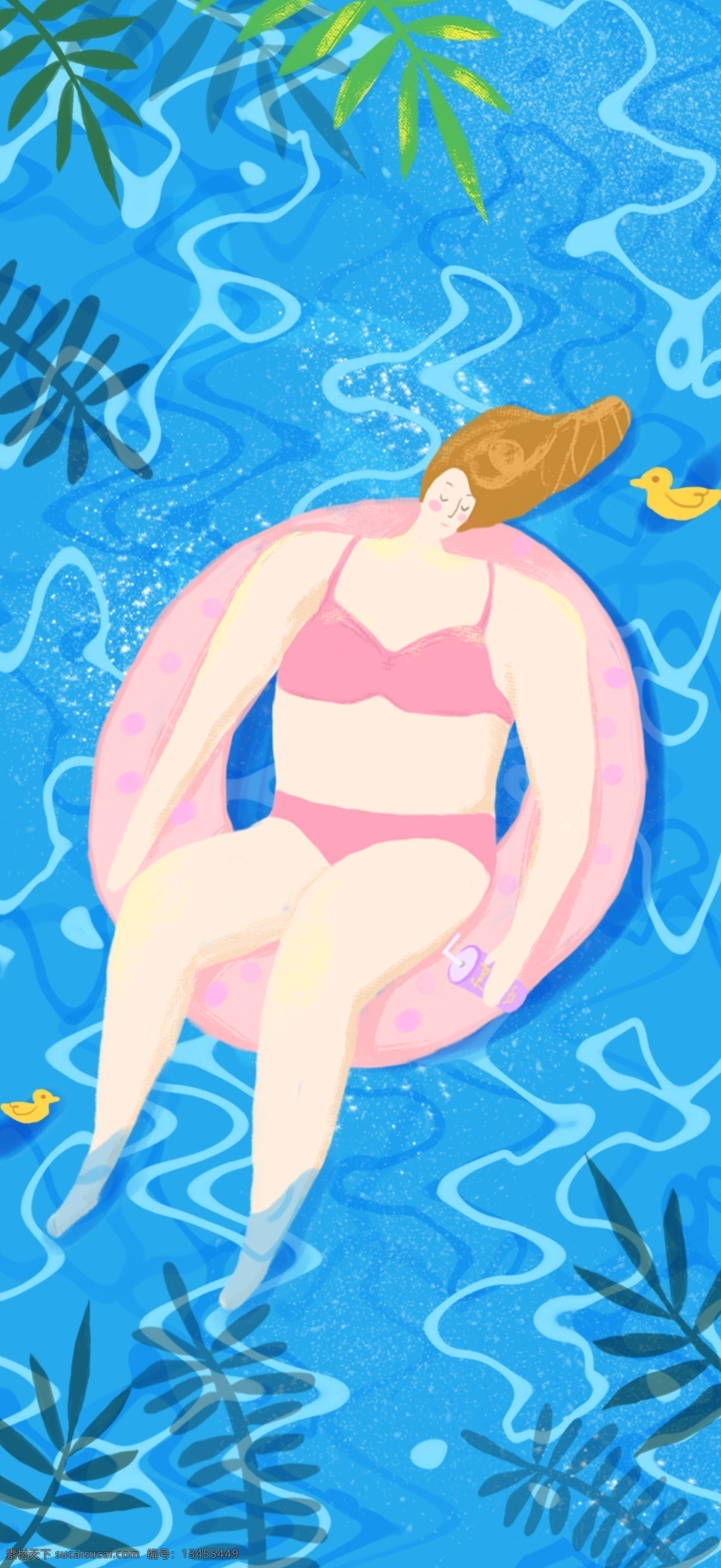 夏日游泳插画 夏季 插画 运动 时尚 小清新 一个人 女孩 手绘 泳池 游泳