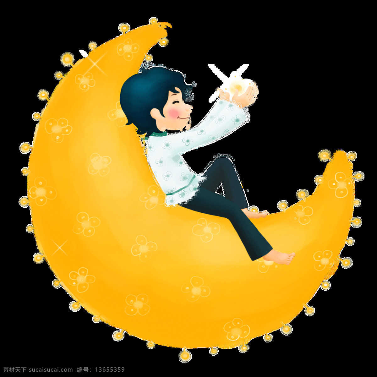 手绘 坐在 月亮 上 男孩 透明 黄色 卡通 免扣素材 透明素材 星星 月光 装饰图片