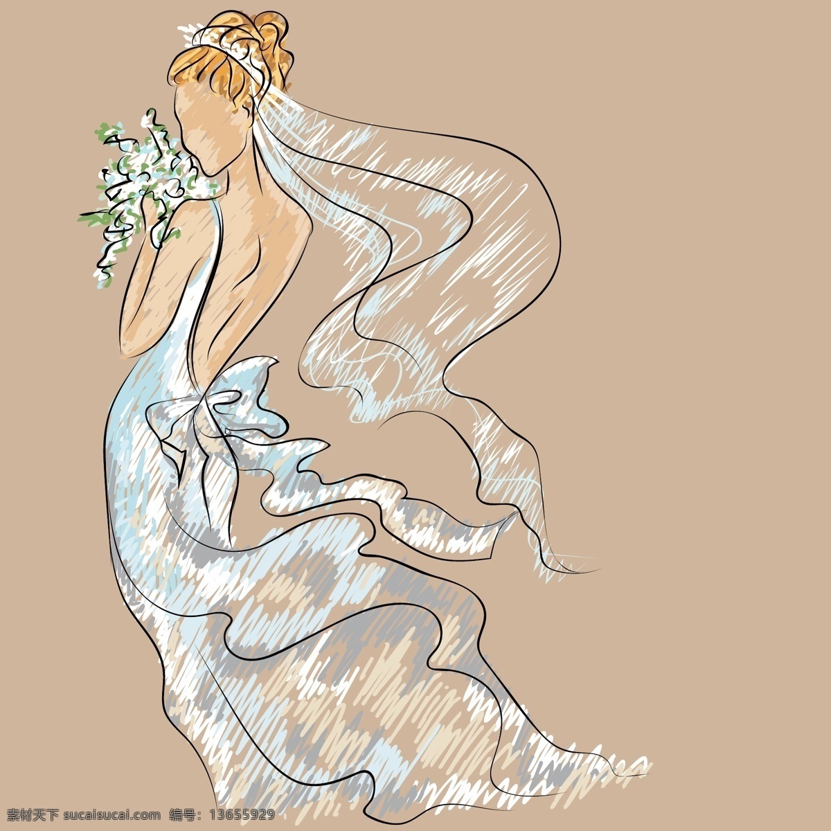手绘 速写 新娘 人物 插画 唯美 结婚 婚纱