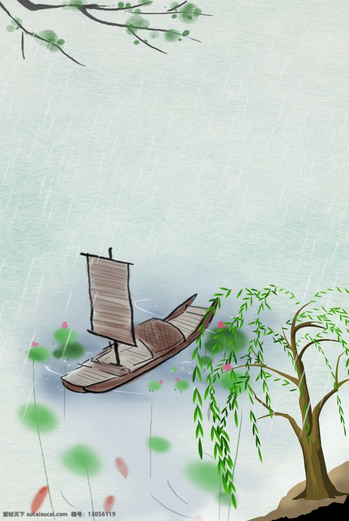 简约 手绘 水墨 风雨 水 时节 背景 雨水 河岸 柳树 船只 下雨 水墨风