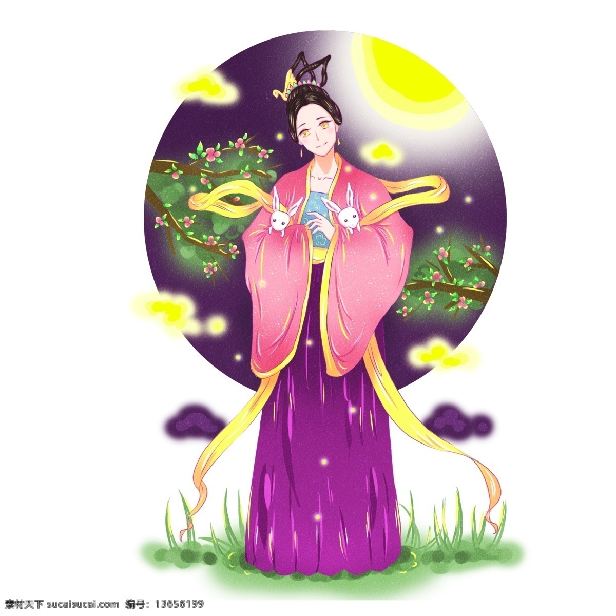 中秋节 嫦娥 玉兔 佳节 手绘 中国 风 商用 元素 月饼 原创 传统节日 八月十五