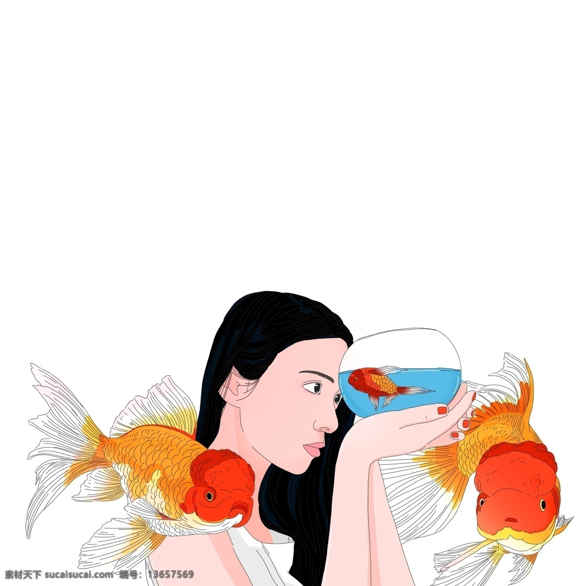 手绘 少女 锦鲤 元素 卡通 插画 鲤鱼 鱼缸