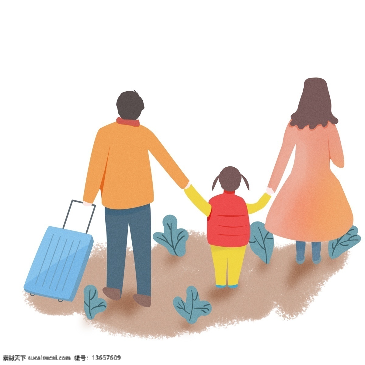 手绘 卡通 春运 回家 一家 三口 背影 免 扣 可爱 家庭 春节 温馨 团圆 团聚 幸福 新年 新春 治愈 温暖 过年 返程 除夕 一家三口 拖行李