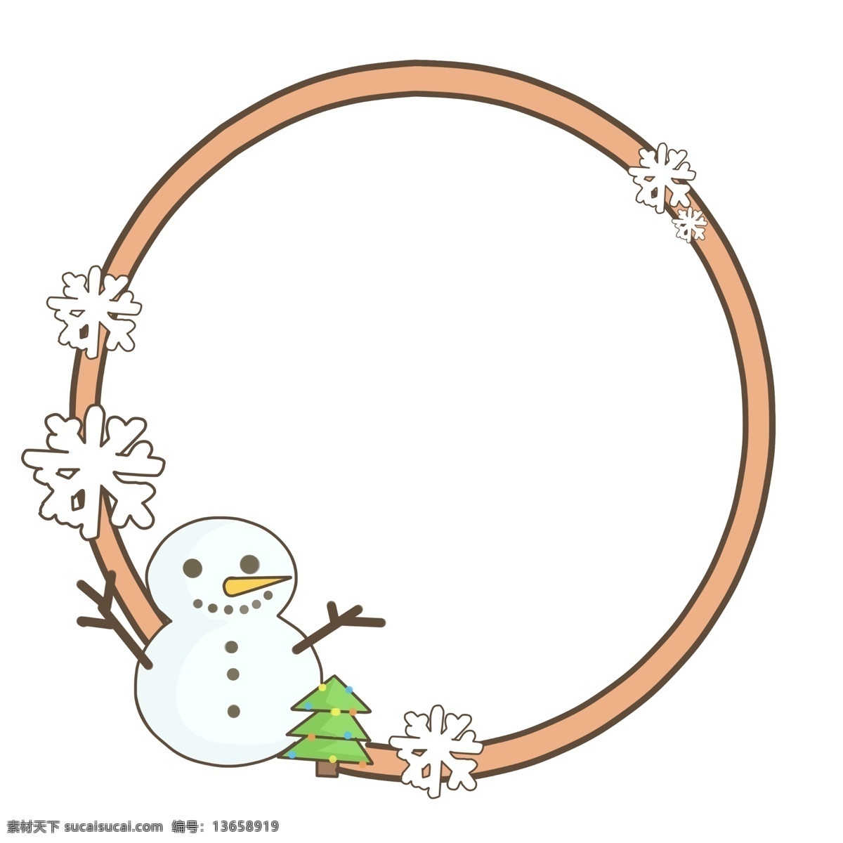 手绘 雪人 卡通 插画 白色的雪人 白色的雪花 圆圆的边框 卡通边框 手绘插画 雪花 绿色的树木