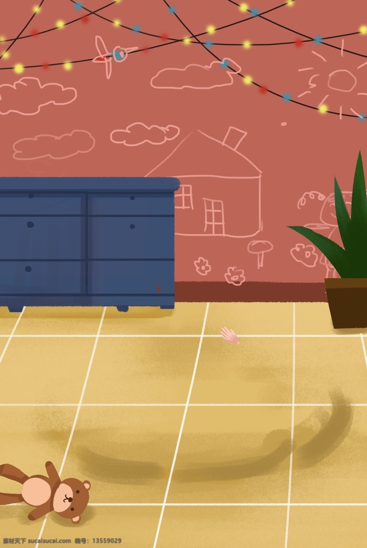 彩色 家庭 内室 温暖 背景 粉色 海报 家具 玩具 盆栽