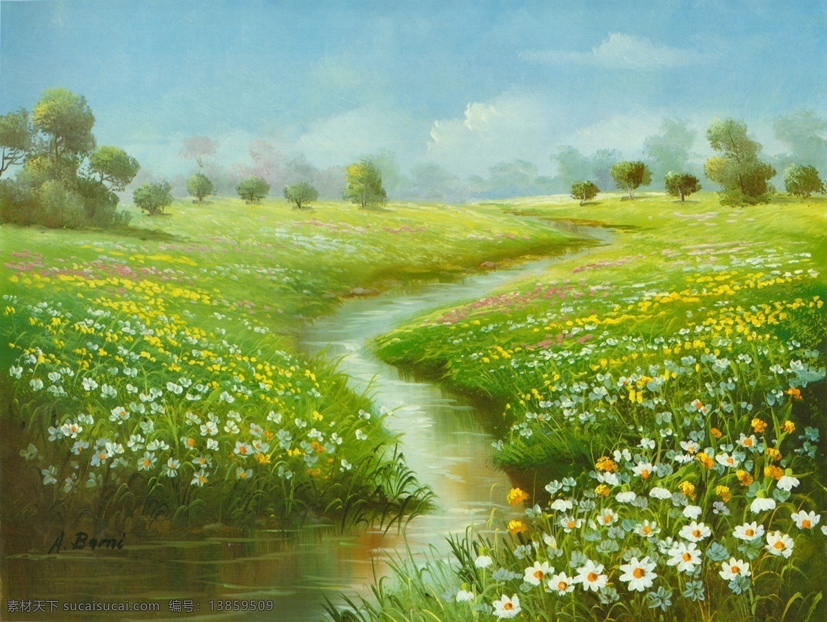 风景 油画 风景油画 绘画书法 绿色 田园风景 文化艺术 小溪 著名油画 装饰素材