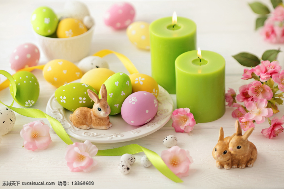 蜡烛与彩蛋 蜡烛 兔子 花朵 鲜花 丝带 复活节彩蛋 彩蛋摄影 复活节素材 节日庆典 生活百科 白色
