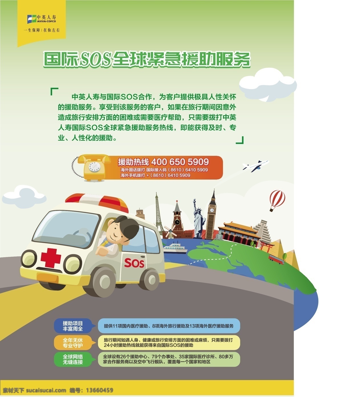 中英 人寿 经济 救援 中英人寿 sos 经济救援 卡通救护车 卡通景点 道路 地球 绿色背景 援助海报