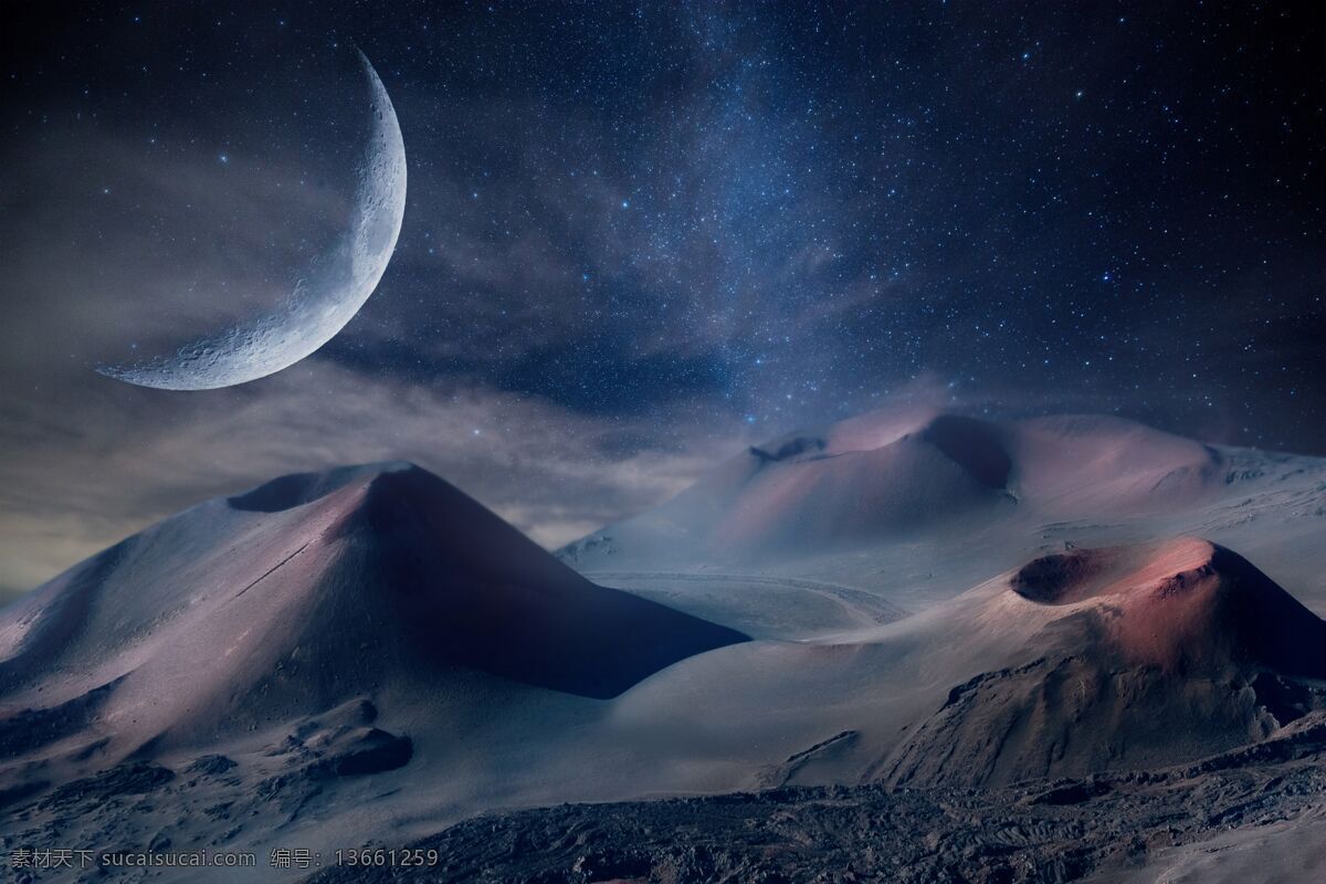 夜空 景观 幻想 火山 月亮 天空 夜 星级 星空 云彩 雾汽 沙漠 岩石 山脉 山 背景 壁纸 黑色 蓝色 渐变 银河