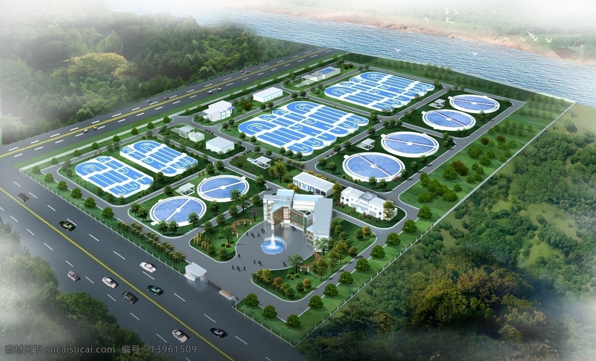 自来水 公司 环境设计 汽车 马路 树木 草地 人物 广场 喷泉 河流 飞鸟 山峰 景观设计