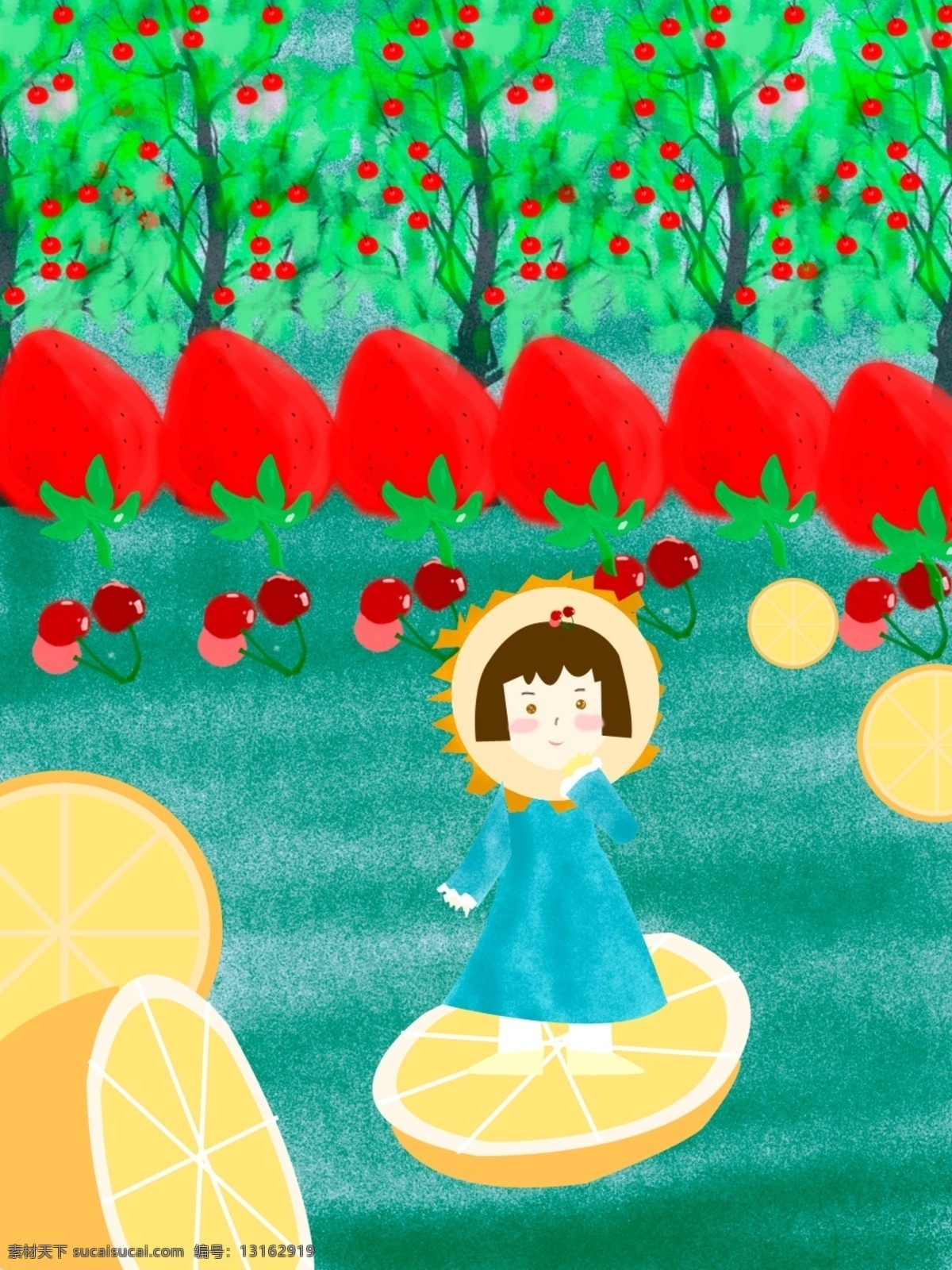 纯 原创 水果 插画 背景 柠檬 樱桃 小女孩 唯美 卡通 苹果树