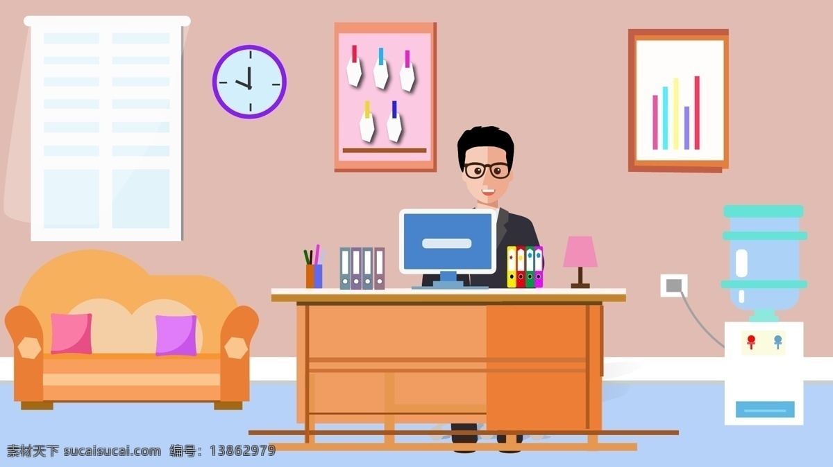 原创 商务办公 工作 中 人 矢量 插画 沙发 窗户 电脑 办公桌 台灯 工作中的人 矢量插画 扁平风格 饮水机 文件夹