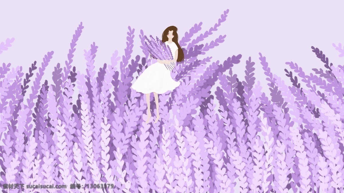 紫色 唯美 幻想 插图 女孩 花园 系列 薰衣草 小清新 壁纸 包装 抱着花的女孩 公众号配图 护肤品包装 绘本配图