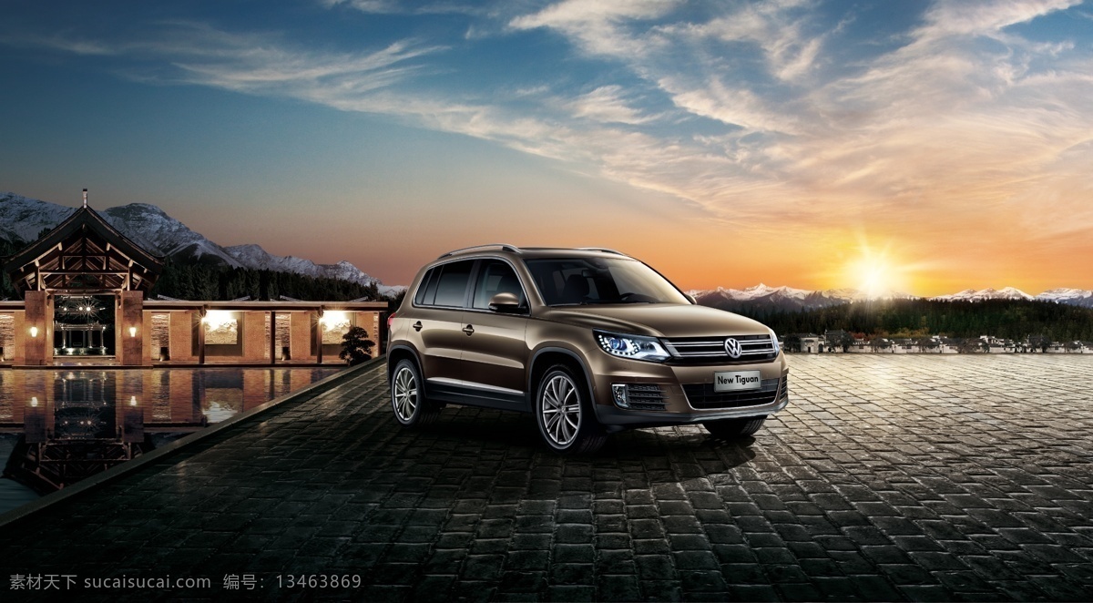 大众汽车 昊锐 高档矫车 天空 古镇 夕阳 平面设计 海报 tiguan 交通工具 现代科技