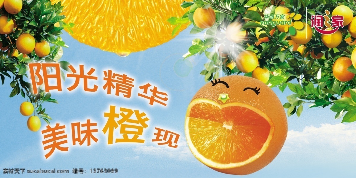 橙子 脐橙 华润万家 润之家 绿叶 橙肉 橙汁 橙切面 蓝天 白云 卡通橙 橙笑脸 分层 源文件