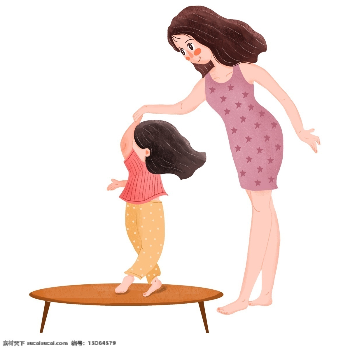 温馨 母亲节 妈妈 教 女孩 走路 插画 手绘 卡通 母亲 女儿 人物