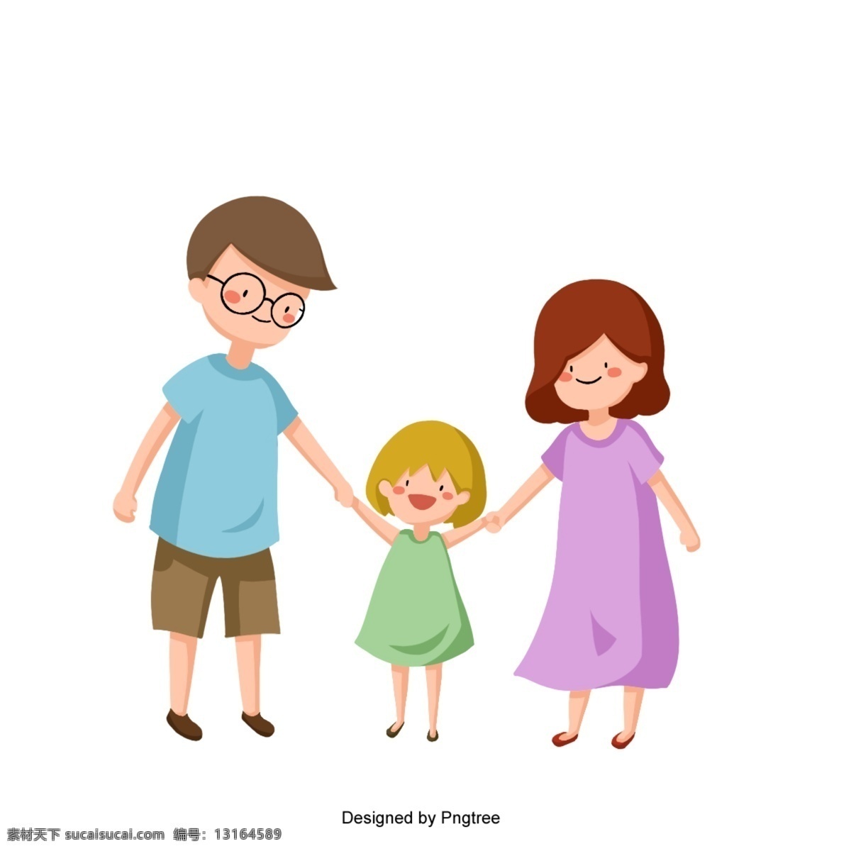 卡通 可爱 家庭 手拉手 孩子 女孩 父亲 母亲 快乐 美丽 多彩 手绘
