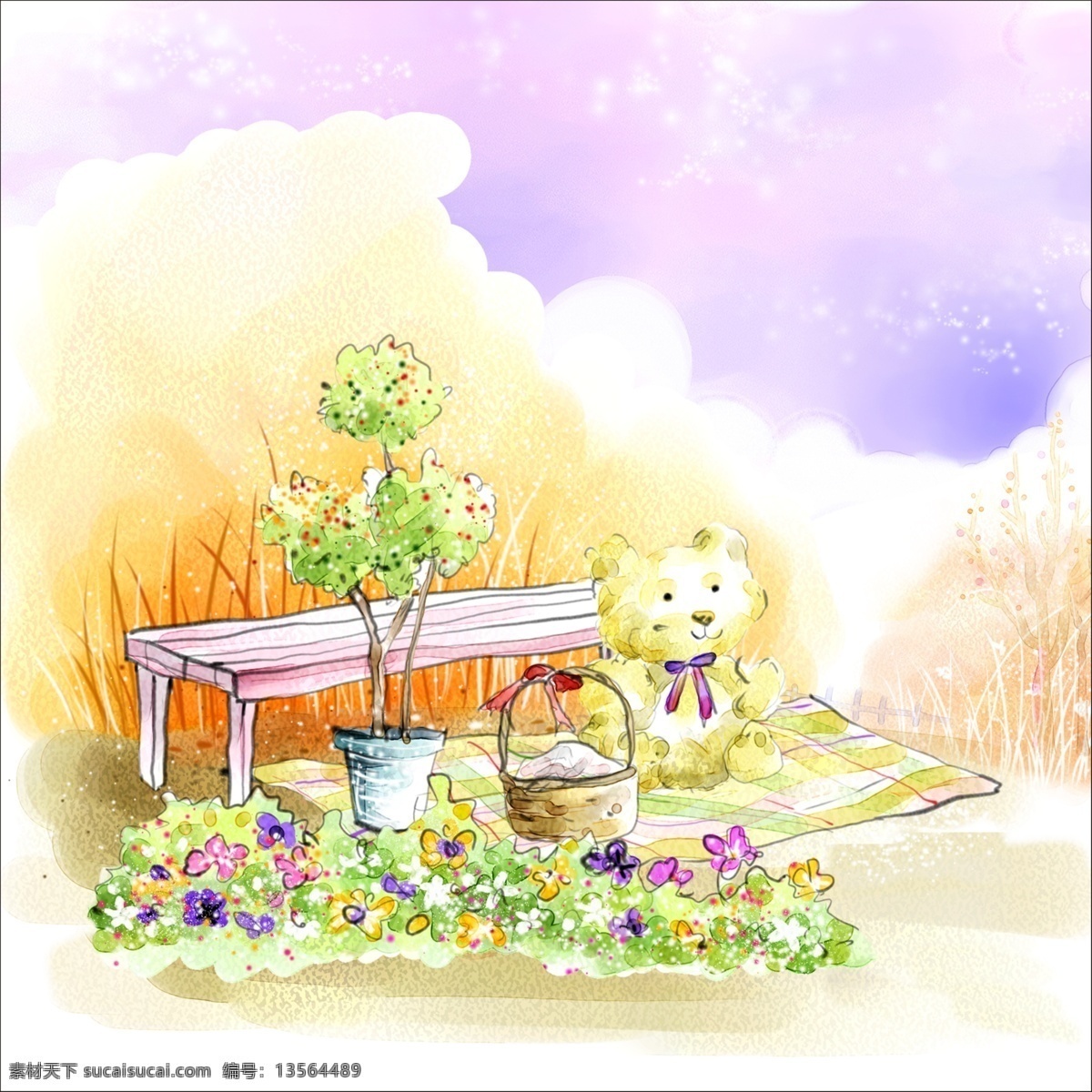 田园 生活 床 动漫动画 风景漫画 花篮 快乐童年 树 田园生活 小红花 小黄花 小兰花 蔚蓝的天空 小熊